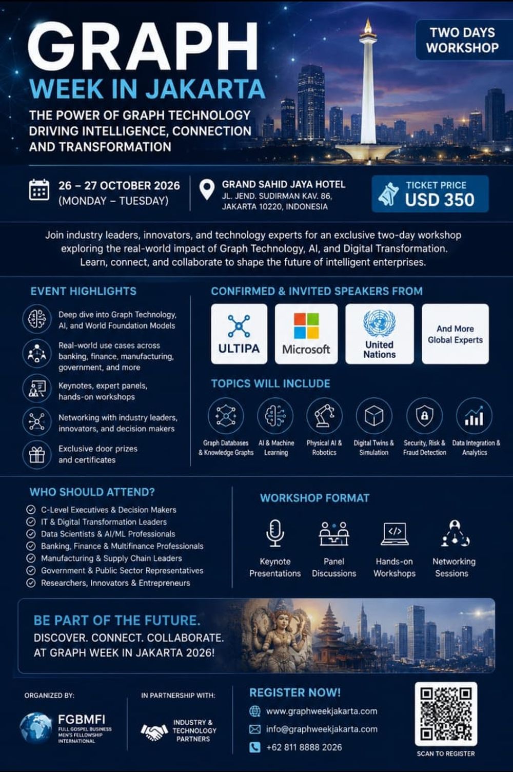 Graph Week in Jakarta 2026 event flyer: two-day workshop, 26–27 October 2026, Grand Sahid Jaya Hotel, ticket price USD 350.