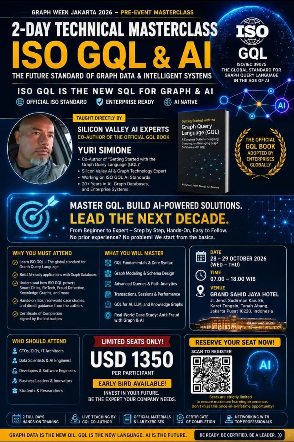 ISO GQL and AI 2-day technical masterclass flyer: 28–29 October 2026, Grand Sahid Jaya Hotel Jakarta, USD 1350 per participant, taught by Yuri Simione.